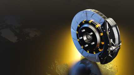 Brake Disc and Black carbon fiber Calliper dark background. Brake from Racing car and copy space for your text. 3D Render.