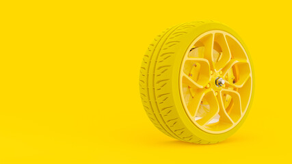 Yellow alloy wheel with yellow tires with modern Brake Disc and Calliper carbon fiber. Minimal idea concept background with clipping path and copy space for your text. 3D render. © oatintro
