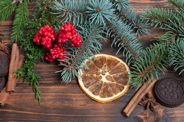 Christmas composition. Christmas card. Christmas tree, pine branches. Flat lay, top view.