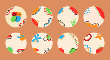 Abstract story highlight cover set. Collection of contemporary artistic round icons, modern hand drawn social media stories for bloggers. Vector illustrations