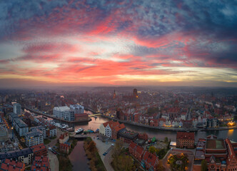 Amazing light show at sunset over Gdansk city in Poland