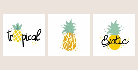 Pineapple exotic summer lettering. Hand drawn text and fruit silhouette, summer poster, bright vacation postcard summertime sticker doodle cartoon isolated illustration for print on T-shirts and bags