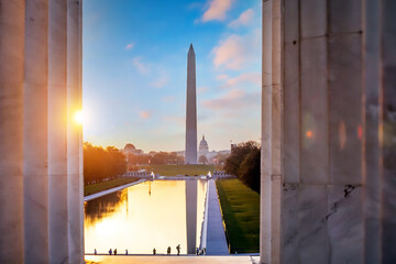 Washington monument, mirrored in the reflecting pool in Washington, DC.