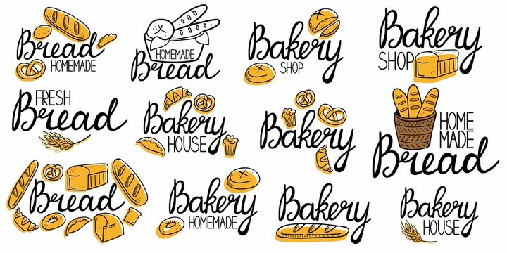 Bakery logo collection. Bread homemade emblem set. Hand drawn doodle label for bakery food packaging, local product simple stamp, lettering with line pastry vector isolated colored sticker