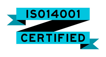 Vintage blue color ribbon banner with word ISO 14001 certified on white background
