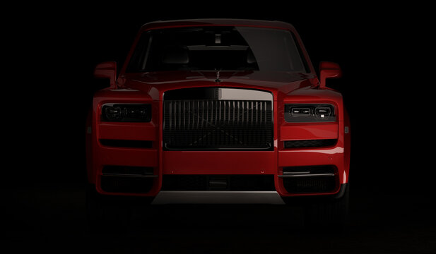 Almaty, Kazakhstan - october 29, 2020: Rolls Royce Cullinan luxury expensive car on black bacground. 3d render