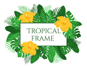 Summer tropical frame with tropical plants and flowers