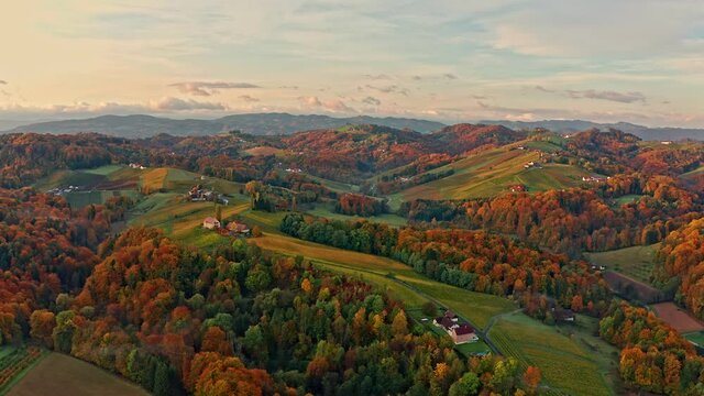 Scenic aerial views of south Styria in Austria on autumn morning. Tuscany like of Austria. Famous for grape wine cultivation.