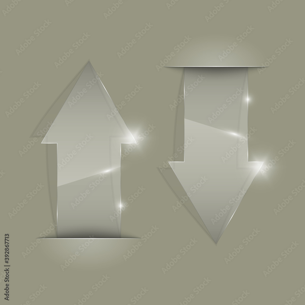 Poster Transparent arrow banners set. Direct glassy shape. Abstract arrows Background. Business infographic presentation diagram. Section compare service. down arrow trend. Paper index. Exact pointer
