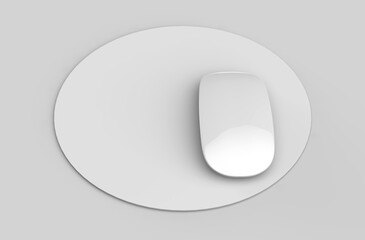 Blank circular mouse pad with computer mouse for branding or design presentation. 3d render illustration.