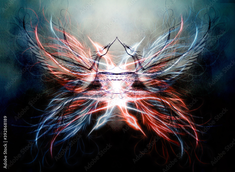Poster flying phoenix bird as symbol of rebirth and new beginning and ancient ornament in background.