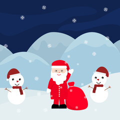 Santa Claus standing in snow fall with snowman