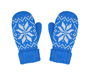 Blue knitted wool mittens with a pattern on a white background, 3D render