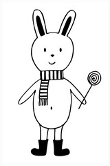 Cute rabbit with scarf and lollipop. Isolated hand drawn simple vector illustration in black and white.