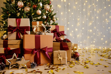 christmas gifts and tree with copy space