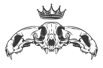Three cat skull with crown in monochrome hand drawn style isolated on white background. Vector cartoon illustration. Retro vintage design concept for tattoo, print, cover.
