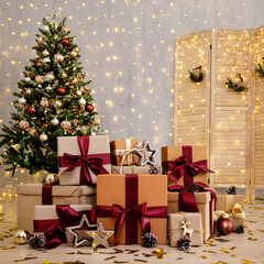 decorated christmas tree and gifts with folding screen and led lights