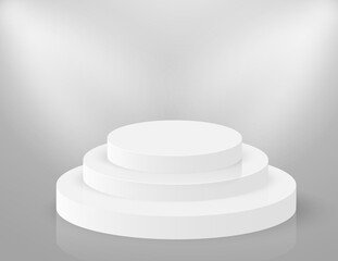 Podium 3D round stage. Circle white pedestal. Empty vector showroom platform.