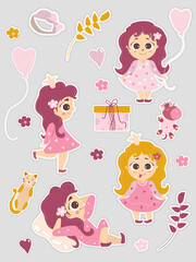 A set of cute stickers with a baby girl princess with a balloon and a unicorn and a cat, flowers and branches, a box with a gift. Vector illustration. Isolated. Kids girly collection