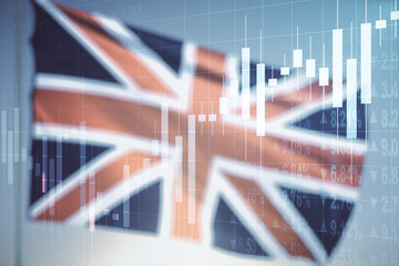 Multi exposure of virtual creative financial chart hologram on British flag and blue sky...