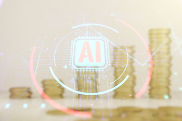 Double exposure of creative artificial Intelligence abbreviation hologram on growing coins stacks...