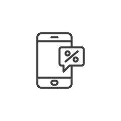 Mobile phone with percentage message line icon. linear style sign for mobile concept and web design. Online discount offer outline vector icon. Symbol, logo illustration. Vector graphics