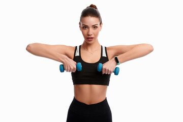 Fototapeta na wymiar Young caucasian woman making weightlifting isolated on white background. Sport dumbbell woman inflated muscles