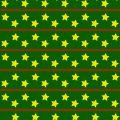 Green geometric pattern with red ribbons, yellow stars arranged in a row. Bright colored pattern