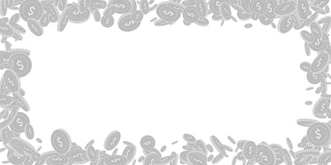 American dollar coins falling. Scattered black and