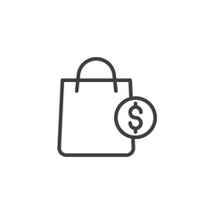 Shopping bag and dollar line icon. linear style sign for mobile concept and web design. Purchase price outline vector icon. Symbol, logo illustration. Vector graphics