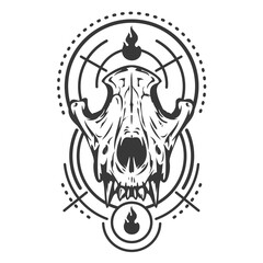 Monochrome composition with sacred geometry forms and wolf or dog skull. Vintage design concept isolated on white background. Modern vector illustration.