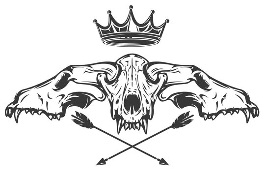 Three skull wolf or dog with wood arrows and crown in hand drawn monochrome style isolated on white background. Vintage cartoon vector illustration. Design element for tattoo, print, cover.