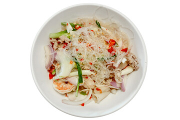 Spicy Glass Noodle Salad with Squid on white plate.