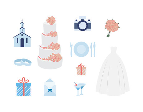 Set of icons for wedding ceremony planning a vector isolated illustration