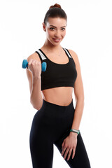 Young caucasian woman making weightlifting isolated on white background. Sport dumbbell woman inflated muscles