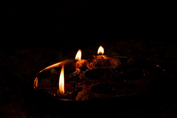 Close up of diyas on the occasion of diwali
