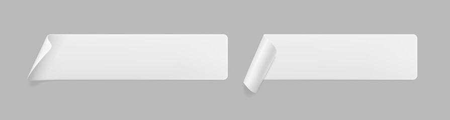 Fototapeta premium White glued rectangle stickers with curled corners mock up set. Blank white adhesive paper or plastic sticker label with wrinkled and creased effect. Template label tags close up. 3d realistic vector