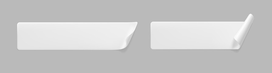 White glued rectangle stickers with curled corners mock up set. Blank white adhesive paper or plastic sticker label with wrinkled and creased effect. Template label tags close up. 3d realistic vector