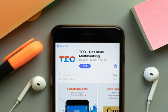 New York, United States - 7 November 2020: TEO Das Neue Multibanking app store logo on phone screen, Illustrative Editorial
