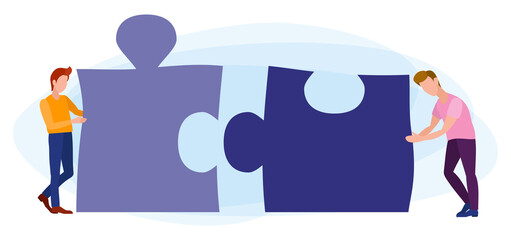Team metaphor, people connecting puzzle elements. Symbol of teamwork, cooperation, partnership. Business concept, flat design style.
