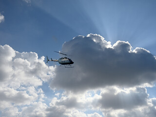 helicopter flight in the clouds