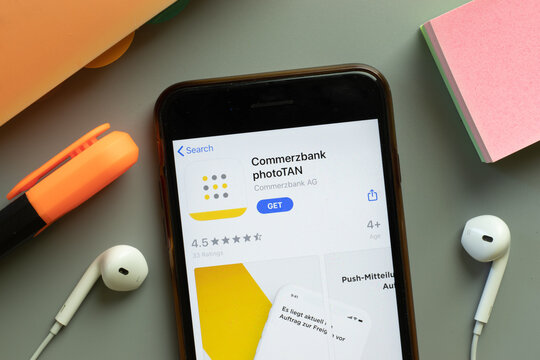 New York, United States - 7 November 2020: Commerzbank photoTAN app store logo on phone screen, Illustrative Editorial