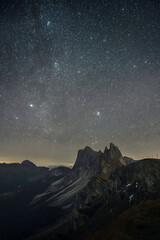 Star sky at night on Seceda Mountain, one of the most famous travel destination in Dolomites, Italy