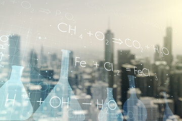 Abstract virtual chemistry illustration on blurry skyscrapers background, science and research concept. Multiexposure
