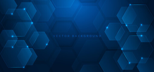 Abstract technology futuristic hexagon overlapping pattern with blue light effect on dark blue background.