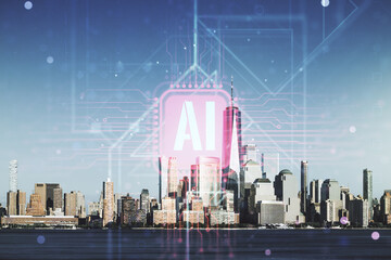Creative artificial Intelligence symbol hologram on New York cityscape background. Double exposure
