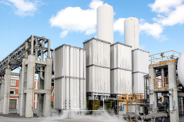 View of the industrial oxygen tanks in the chemical plant. It is an oxygen storage vessel, which is...