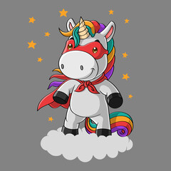 Cute unicorn super hero cartoon in the sky, hand drawn © kancut