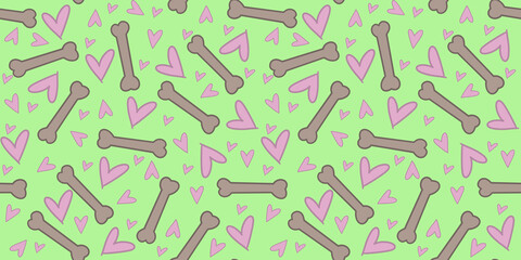 Dog theme colorful seamless pattern with hearts and dog food bones.