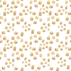 Watercolor seamless patterns on the theme of tea drinking with colorful teapots, mugs, tea bags, teaspoons